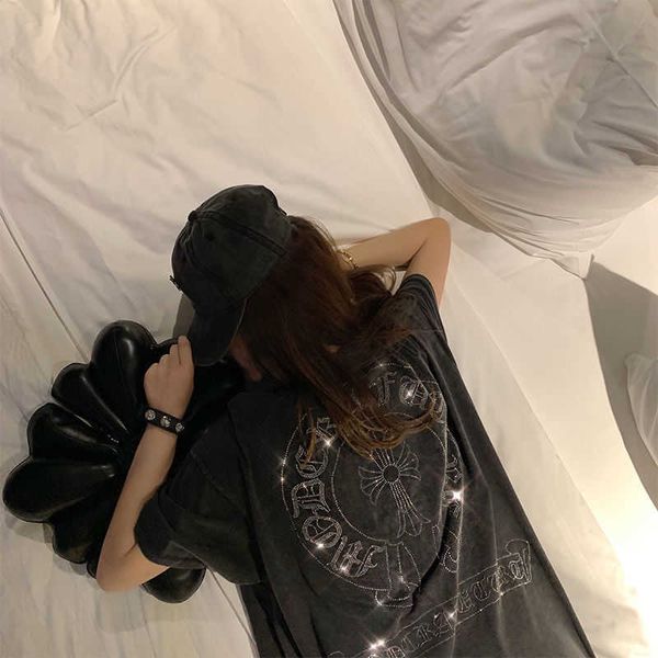 

crosin sleeve oversize 2-300kg fat t-shirt  croxin short women's fashion net red cotton medium length better drill top, White