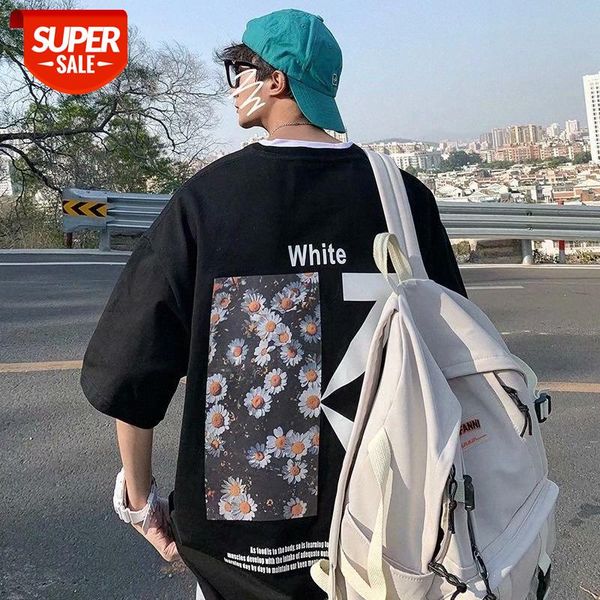 

oversize hip-hop short-sleeved t-shirt male flow loose couple shirt daisy half-sleeved short t #ix1k, White;black
