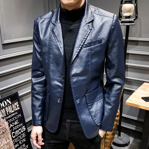 

2021 new slim causal pu leather jacket coat men spring motorcycle korean fashion mens streetwear blazers youth jackets 3w1x, Black;brown