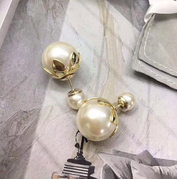 

d family's 20-year-old new pearl 925 sier needle size beads double sided earrings korean temperament women's front and back, Golden