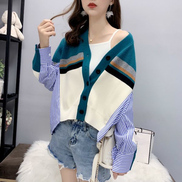 

2021 new female-style korean cardigan spring striped amendment single breasted ladies long-sleeve casual knitted shirt wear 3yrr, White;black