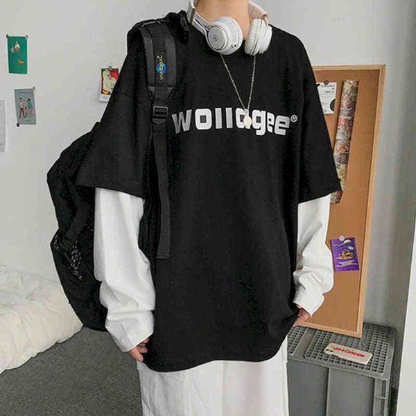 

men's long-sleeve nice tshirt sew fake couples two pieces t-shirt spring shirt letter impression ins punk loose fdsu, White