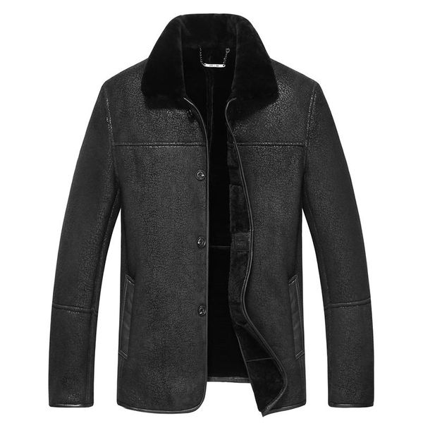 

men's winter real leather jackets black genuine sheepskin shearling coat with natural wool lining warm plus size gsjf1872