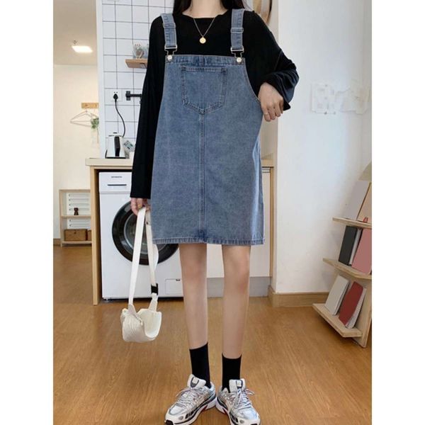 

early spring 2021 women's fashion design niche french dress summer student denim strap skirt, Black