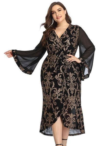 

plus size slim asymmetry maxi dress for women black v neck long sleeve ethnic gold stamp arabic party clothes 2021 new, Black;gray