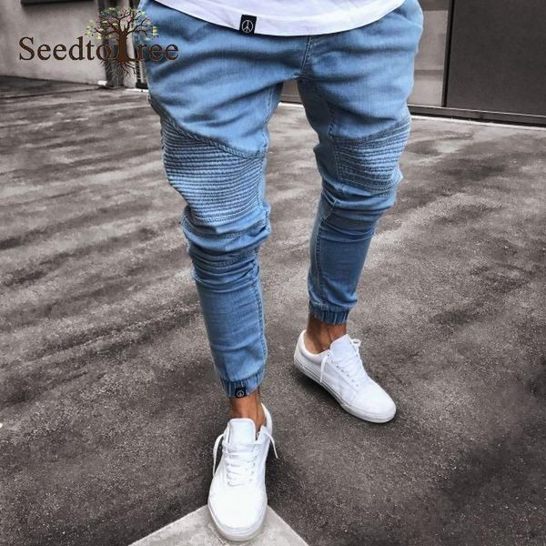 

men's jeans light blue pencil pants denim trousers solid color casual