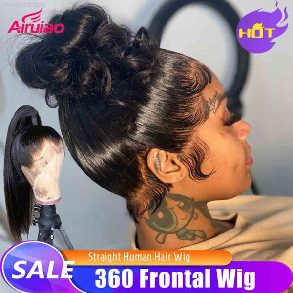 

360 hd frontal hu hair s bone straight 13x6 lace front remy pre plucked bleached knots women closure wig, Black