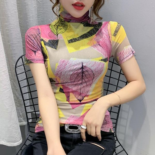 

women's t-shirt summer fashion mesh turtleneck print women clothes european ropa mujer bottoming 2021 shirt tees 3xl, White