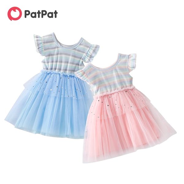 Verão bebê / toddler arco-íris estrelas malha splice vestido 210528