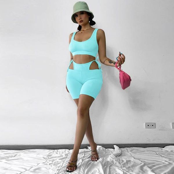 

women's tracksuits casual loungewear sport suit solid sleeveless tank side cut out drawstring biker short fitness 2 piece sets, Gray