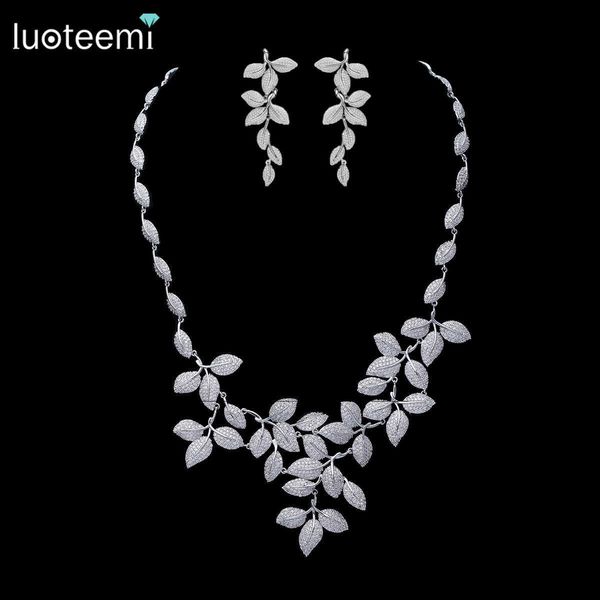 

luoteemi new luxurious jewelry bridal wedding accessories micro paved cz crystal many leaves pendant necklace earrings set for women collier, Slivery;golden