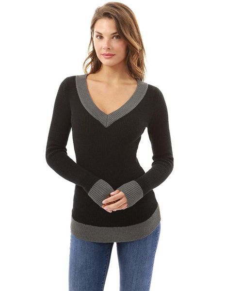 

women's sweaters deep v neck colour spliced leisure wear women pullover black grey knit thin sweater casual slim autumn winter clothes, White;black