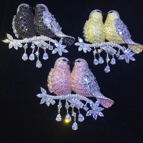 Big Size Love Birds Brooch Булавки подвеска двойное использование 925 стерлингового серебра с кубическим Zircon высокое качество 63 * 70 мм черный желтый