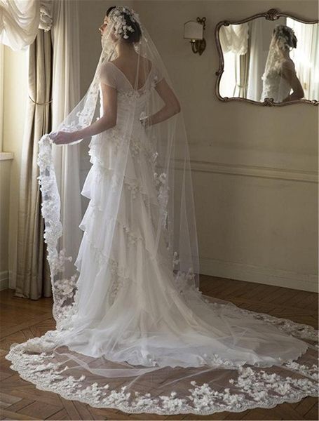

bridal veils spot long veil one layer white/ivory blusher velos de noiva beads lace 3d flowers wedding 3/4 meter elegant 2021, Black