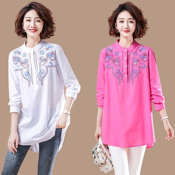 

2021 new shirts woman big cotton women spring embroidered stand collar long sleeve medium length blouse kagm, Blue