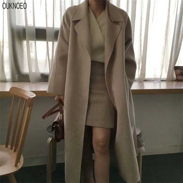 Mulher longo casaco elegante casaco de lã com cinto cor sólida moda manga longa chique outerwear outono inverno mulheres grossas sobretivaat 211130