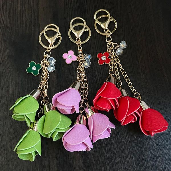

keychains 17 color leather flower keychain metal crystal car key chain charm bag pendant accessories ring girl women gifts, Silver