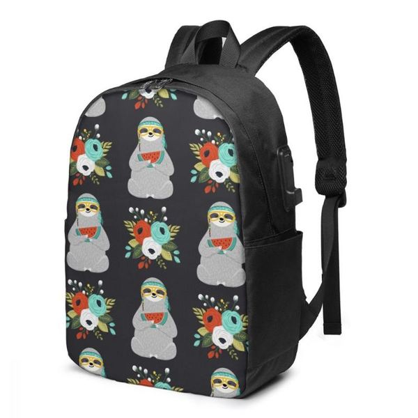 

backpack sloth and flowers women men usb charge school bag for girl boy travel lapbookbag daypack