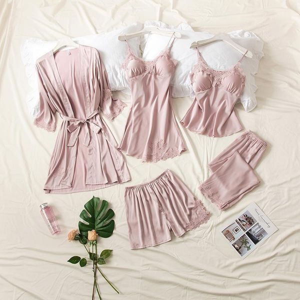 

women's sleepwear women silk summer lingerie pijiama satin spaghetti strap pajamas gown korean robes five piece pajama sets pink, Black;red