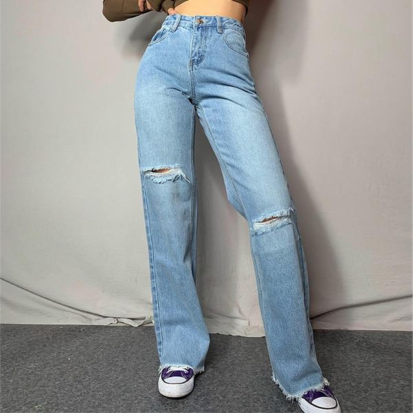 

women's jeans ripped women loose straight fashion hole high waist denim pants 2021 casual tassel wide legs mom trouser, Blue