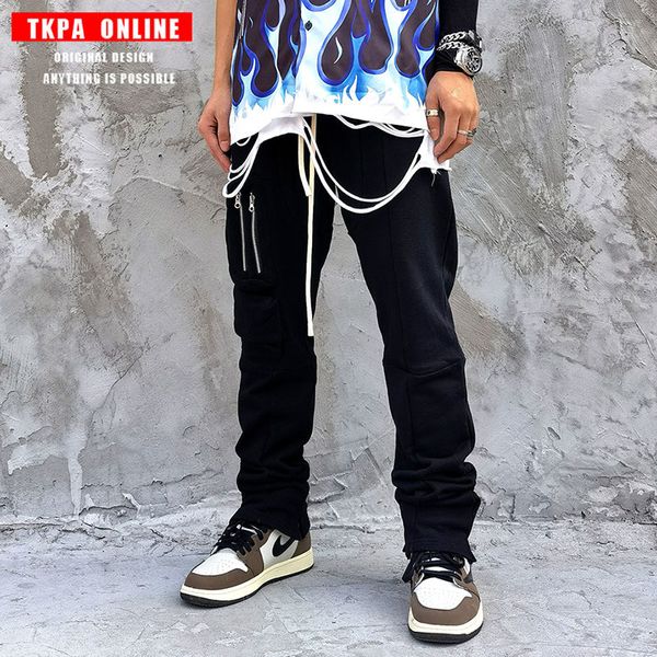 

tkpa high street multi pocket functional overalls men's street hip hop vibe style leisure sports pants, White;black