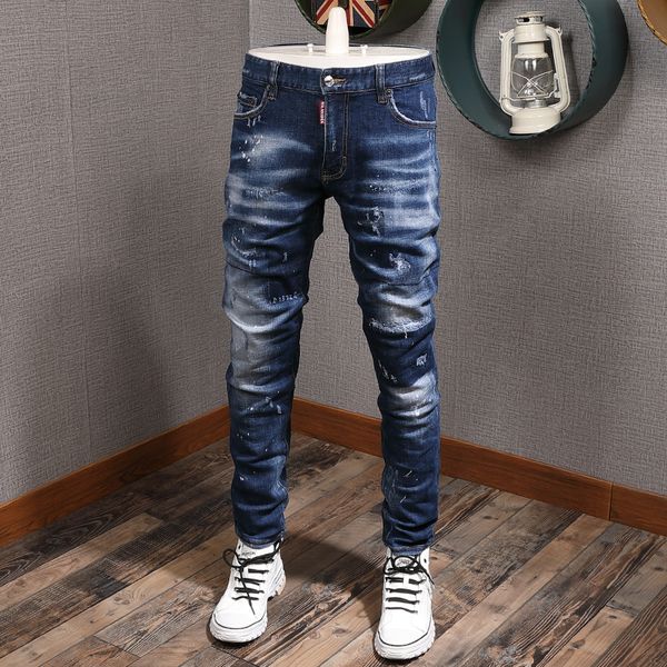 

2021 new italian style fashion men jeans retro blue vintage designer ripped denim pants streetwear slim fit hip hop trousers ru