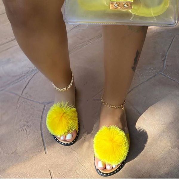 

new 2021 summer women flat sandals open teen outdoor beach shoes cute hair ball fashion plus size 43 ladies slippers, Black