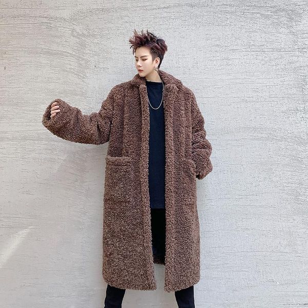 

men's trench coats autumn winter lamb wool long overcoat thick warm brown loose coat m101, Tan;black