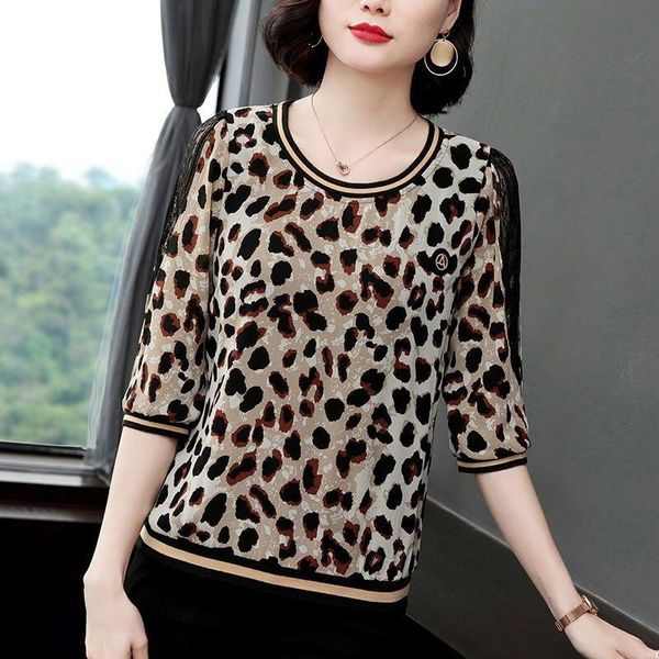 

women spring autumn style lace blouses shirts lady casual short sleeve leopard printed o-neck blusas zz0187, White