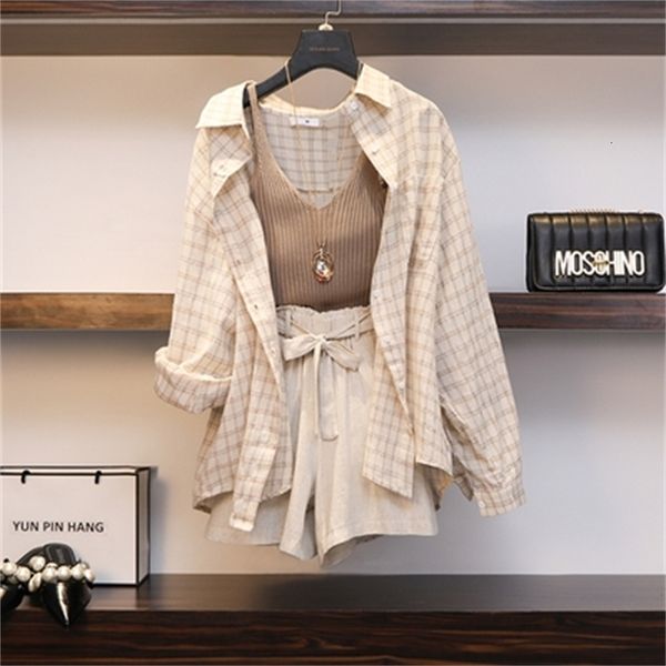 

spring female summer three pieces define casual linen chess + shorts elastic waist leg loose suit pants set 3 piece cn7p, Gray