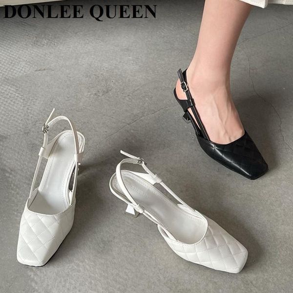

new spring slingback sandals women mid heel square toe shallow stitch fashion shoes for party dress pumps elegant mule chaussure, Black