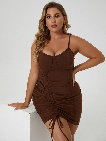 

sxy plus solid drawstring front bodycon dress a0bi#, Black