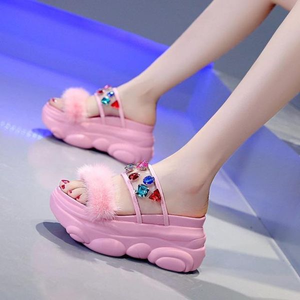 

high-heeled shoes lady house slippers platform on a wedge luxury slides jelly flip flops slipers women fur sliders designer glit, Black