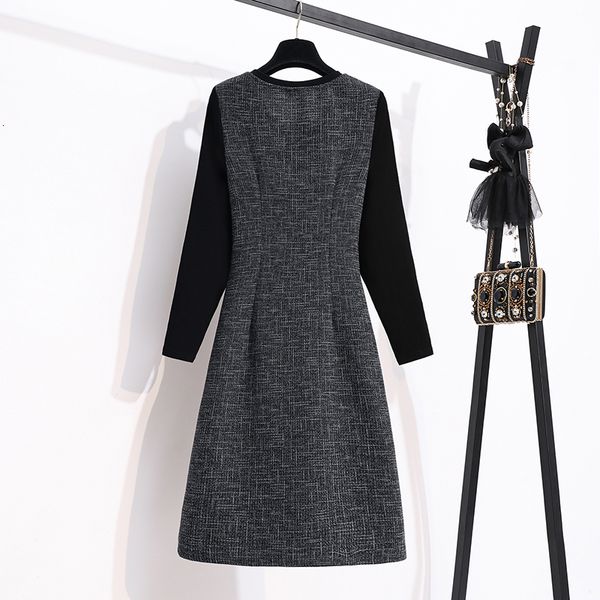 

false two parts of the french vintage line chess dress feminine spring long sleeve office lady dressed plus size l-5xl clothes d6gn, Black;gray