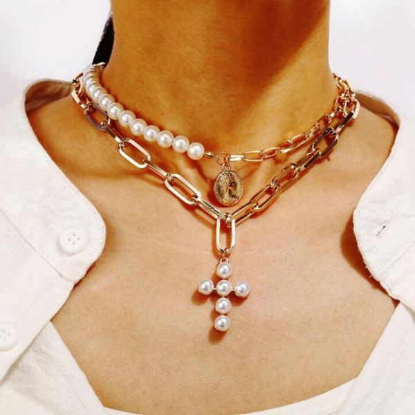 

pendant necklaces retro imitation pearls cross necklace portrait coin chunky thick chains for women gothic geometric jewelry gift, Silver