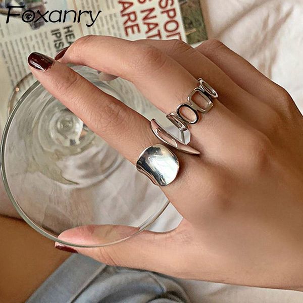

cluster rings foxanry minimalist 925 sterling silver width for women fashion creative hollow geometric handmade party jewelry gifts, Golden;silver