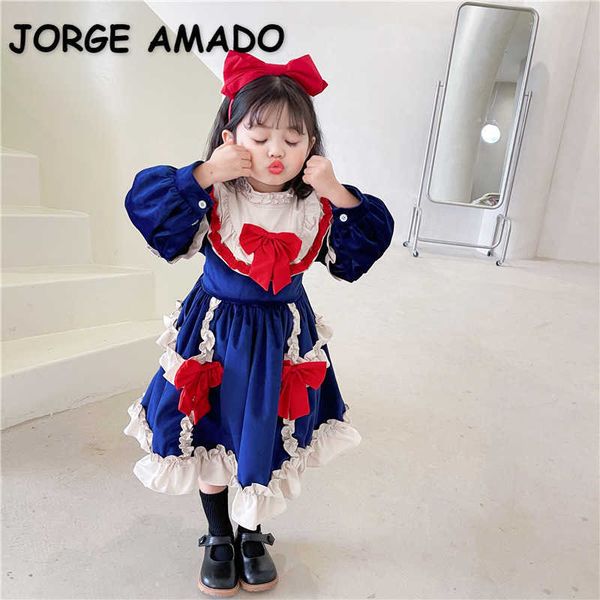 

spring girls party dresses long puff sleeves lolita style red bow velvet princess girl clothes e8055 210610, Red;yellow