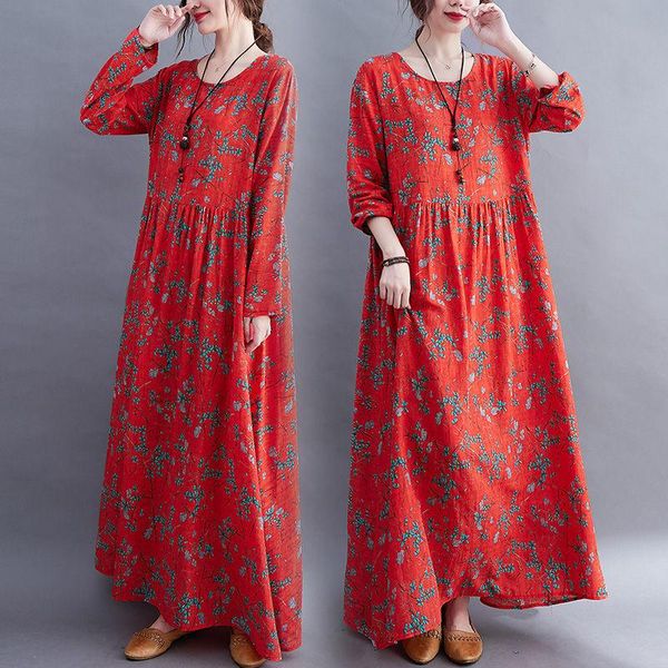 

casual dresses 2021 early autumn literary large size printing long sleeve ethnic dress loose retro floral women clothing m1041, Black;gray