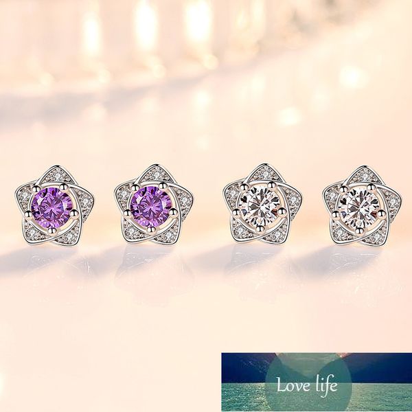 

925 sterling silver fashion hollow micro cz star shaped stud earrings with purple white zircon for women wedding party s-e586, Golden;silver