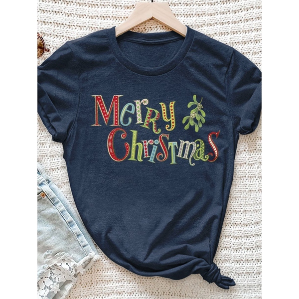 

summer women's t-shirt christmas striped letter printing round neck street casual home short-sleeved loose and comfortable, White