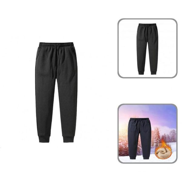 

men's pants casual sweatpants solid color straight pure thermals men trousers thick, Black