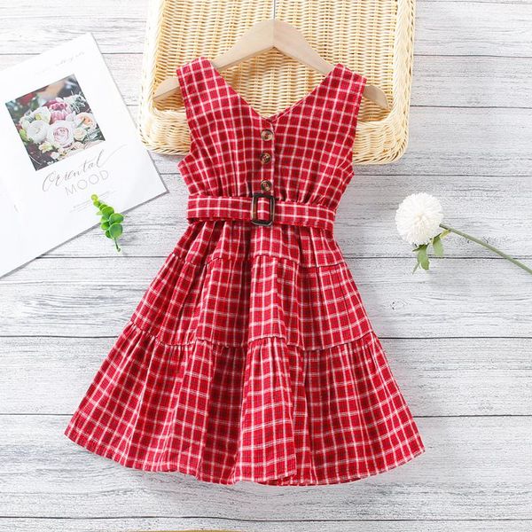

girl's dresses children's clothing 2021 summer girls single-breasted v-neck check sleeveless vest dress party princess for, Red;yellow
