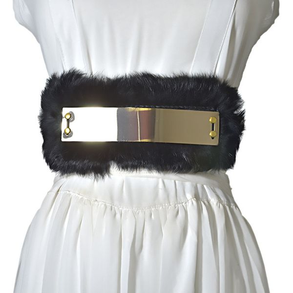 

new style fluffy elastic women's rabbit hair decorative waist cover women's versatile large iron plate wide belt, Black;brown