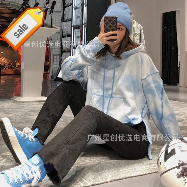 

and sm * fk2022 autumn winter new sky hoodie tie dyed sweater women's loose old blue ch003sk, Black