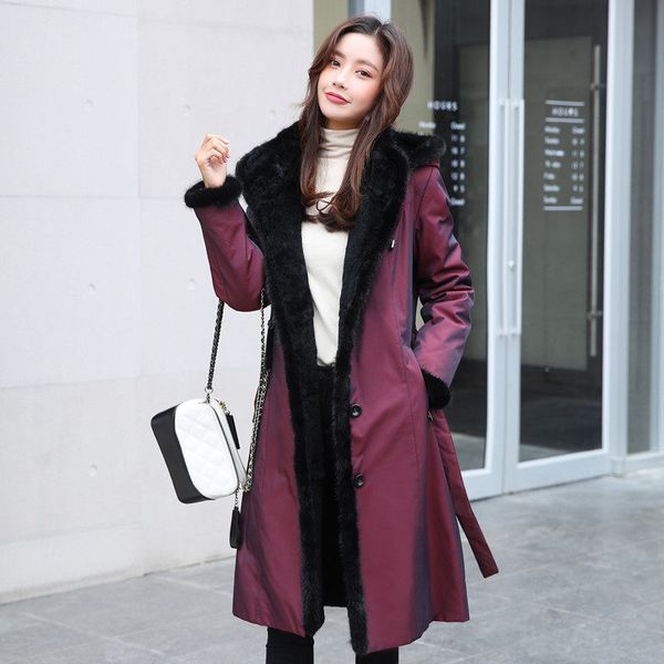 

2021 women's autumn jacket for winter new warm mink slim genuine fur collar long leather coat female outerwear 2xl removable ugmz, Black