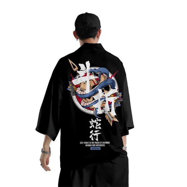 

ethnic clothing harajuku japanese kimono black snake print cardigan men samurai costume and pant set jacket streetwear oversize 6xl, Red