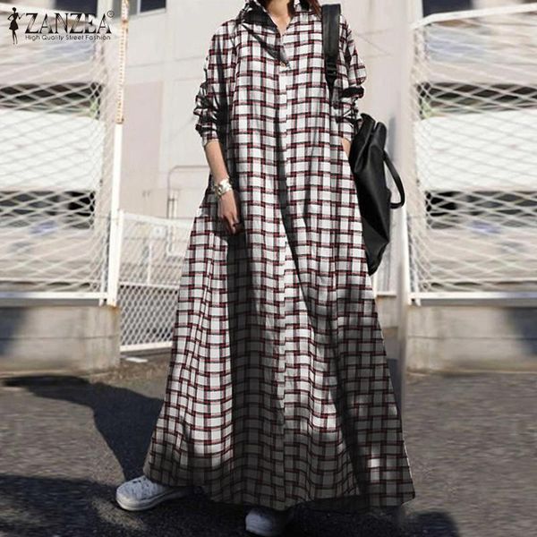

fashion women long shirt dress zanzea 2021 spring plaid sundress vintage long sleeve casual loose vestidos femme robe lapel 5xl, Black;gray