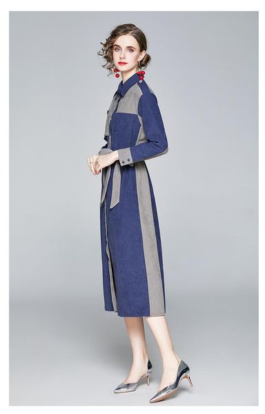 

casual dresses 2021 women cotton mid-calf sashes a-line solid office lady full elegant party autumn, Black;gray