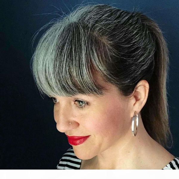 

new arrival silver grey women hair extension gray two tone gradient wrap drawstring human hair ponytails clip in 100% real grey hair, Black