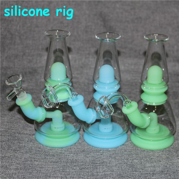 Fulgor de cachimbo de cachimbo no projeto escuro do beaker silicone tubulações de água de silicone albôs de silicone filtro inquebrável vidro Bong Dab Rig